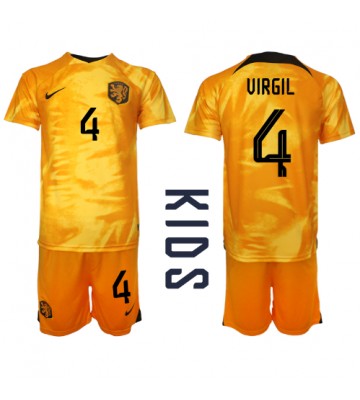Holandia Virgil van Dijk #4 Koszulka Podstawowych Dziecięca MŚ 2022 Krótki Rękaw (+ Krótkie spodenki)